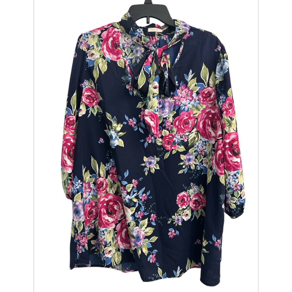 ODDY Blue Floral Blouse Top Necktie Bow Puffy Long Sleeves Women's Plus Size 1XL